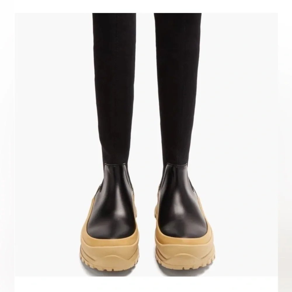 Jill Sander Black and Tan leather and scuba jersey tall Boots 39 US 8.5 Italy